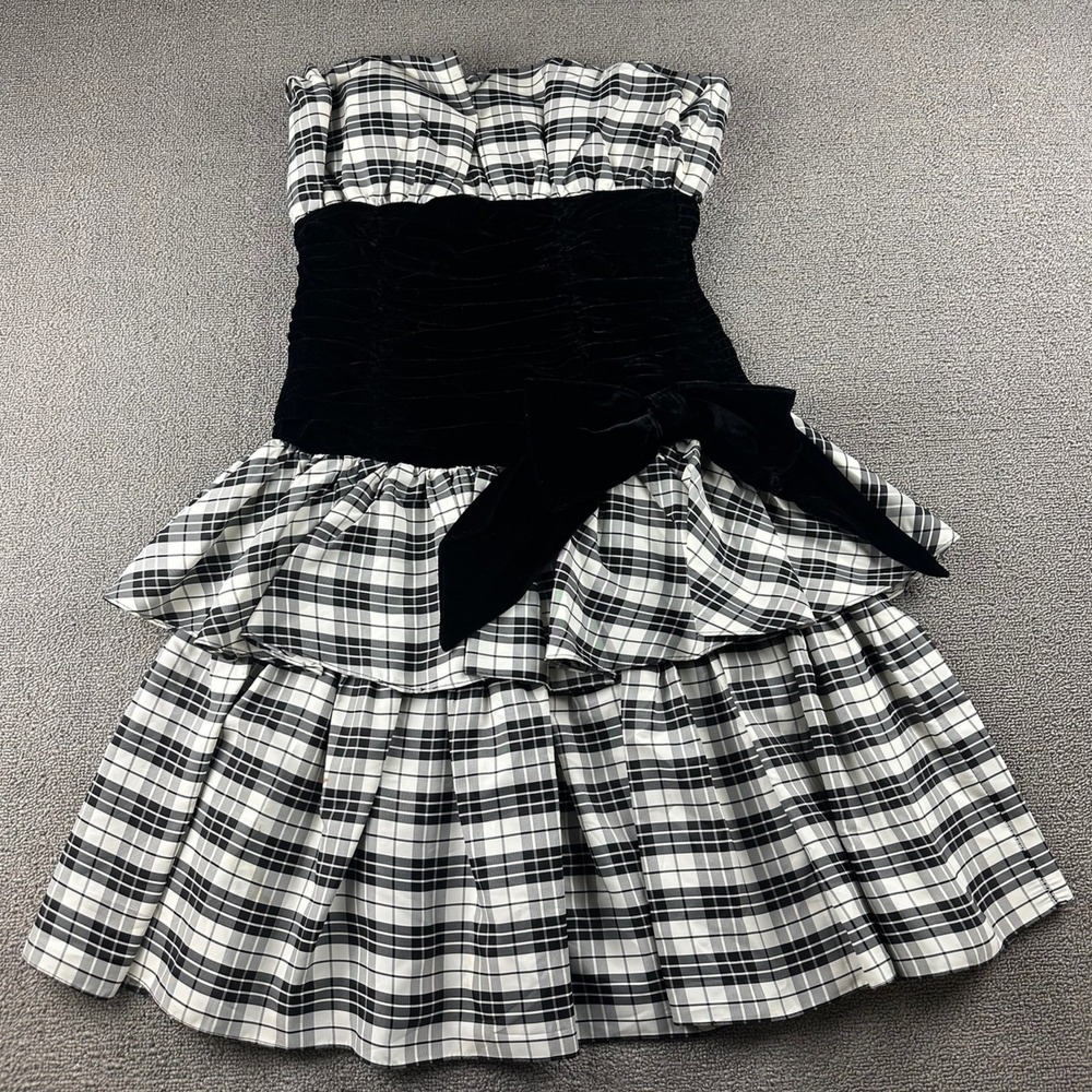 Vintage Positively Ellyn‎ Dress Women 10 White Black Velvet Plaid USA Cocktail